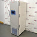 Right three-quarter angle view of Thermo Scientific RLE30086D ultralow laboratory freezer, showcasing its heavy-duty side hinges, white exterior cabinet, digital control panel, and lower ventilation grill