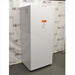 Left angled perspective view of white Thermo Scientific TSV20FPSA11 convertible refrigerator freezer with closed door showing front warning label