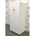 Right angled perspective view of white Thermo Scientific TSV20FPSA11 convertible refrigerator freezer with closed door showing front warning label