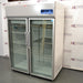 Thermo Scientific TSX Series Refrigerator TSX5005GA double-door laboratory refrigerator ka right angle view, jisme right side ki exterior body, glass doors, aur top digital control panel saaf dikhai de raha hai.   