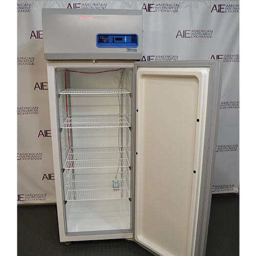 Front view of a Thermo Scientific TSX2320FD high-performance laboratory freezer with its door open, showcasing the white interior lining, multiple wire shelves, top control panel, and magnetic door gasket