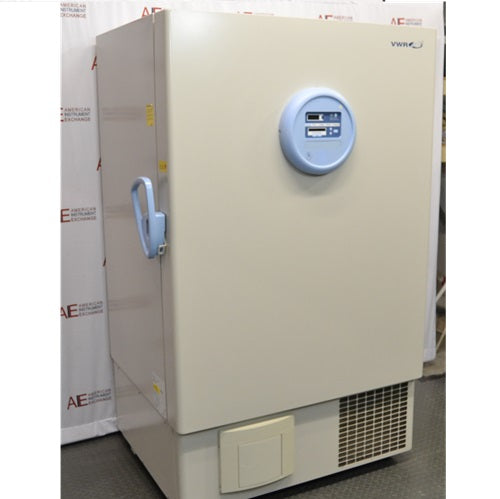 Angled side perspective view of Thermo Scientific VWR60086D ultralow-temperature freezer showing heavy-duty side door latch, circular digital control interface, and lower ventilation grill