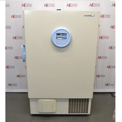 Front view of Thermo Scientific VWR60086D ultralow-temperature lab freezer featuring VWR logo, circular blue digital display control pad, side door latch, and bottom ventilation grille