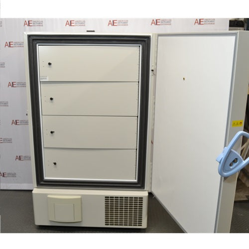 Front view of open Thermo Scientific VWR60086D ultralow-temperature freezer showing open outer door and four insulated inner compartment doors