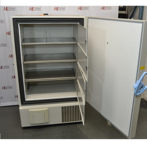 Front view of Thermo Scientific VWR60086D ultralow-temperature freezer with main door and inner compartment doors open, exposing stainless steel interior shelves