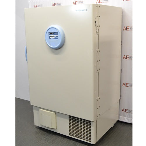Right side perspective view of Thermo Scientific VWR60086D ultralow-temperature freezer displaying door hinges, circular control panel, and lower ventilation compartment