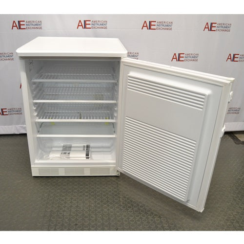 Front perspective view of an open Thermo Scientific undercounter flammable material storage refrigerator showing wire shelving inside the interior storage compartment