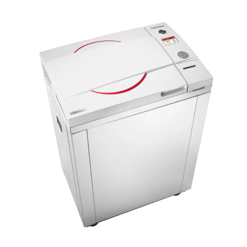 Top right angle product view of a Tuttnauer D-Line 3850ELV 65L vertical autoclave, featuring its white cabinet enclosure, sliding top lid with red accent handles, and control panel display interface
