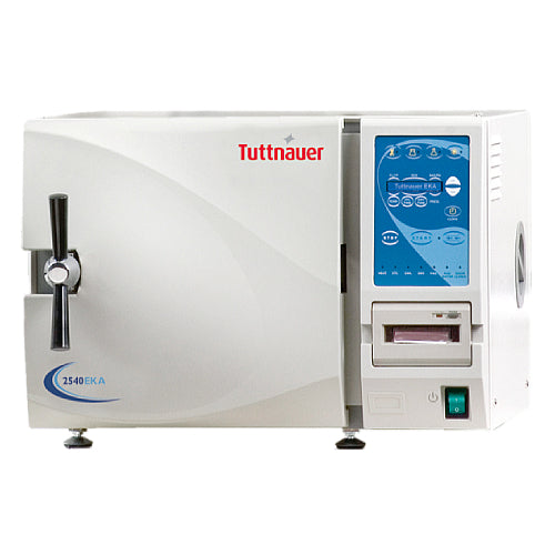 Front angle product view of a Tuttnauer EA Series 2540EKA 23L tabletop autoclave, featuring its light grey body housing, front-loading door with a metal locking handle, digital control panel interface, and integrated thermal printer module