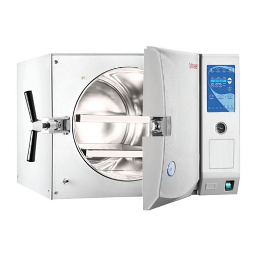 Front angle product view of a Tuttnauer EA Series 3870EA 85L tabletop autoclave with its door swung open, revealing the cylindrical stainless steel internal sterilization chamber and sliding internal instrument racks