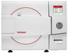 Front view of a Tuttnauer LabSci 11L benchtop autoclave with white casing, red ring graphics on the door, and a right-side digital display control panel