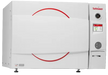 Tuttnauer LabSci 15+L benchtop autoclave with white casing, red circular accent graphics on the front door, and a right-side control panel featuring a touch screen, pressure gauge, and printer
