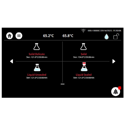 Close-up display view of a Tuttnauer T-Lab Eco V60 60L vertical laboratory autoclave touchscreen interface, showing cycle program options including Solid Delicate, Solid, Liquid Unsealed, and Liquid Sealed with current chamber temperature readings