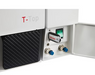 Close-up view of the lower front utility panel on a Tuttnauer T-Top 11S autoclave showing an inserted Tuttnauer USB drive, power switch, and water connections