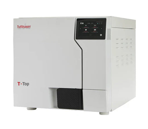 Three-quarter perspective view of a white Tuttnauer T-Top 11S tabletop autoclave featuring a top-right digital touchscreen display and side ventilation slots