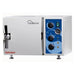 Front angle product view of a Tuttnauer Valueklave 1730 manual tabletop autoclave, featuring its compact light grey body housing, front door with a chrome locking handle, and a right-hand blue control panel with mechanical knobs and pressure gauge