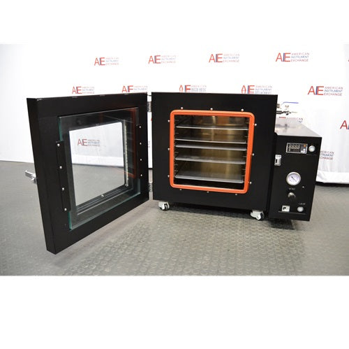 Front view of USA Lab USA-VO-34-UL vacuum oven with open glass door showing interior stainless steel shelves, orange door gasket, and control panel