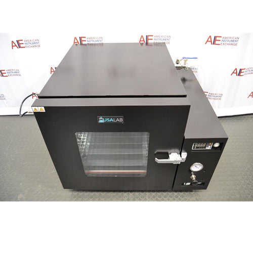 High angle view of USA Lab USA-VO-34-UL vacuum oven showing black top panel, glass door, digital display, and side control panel