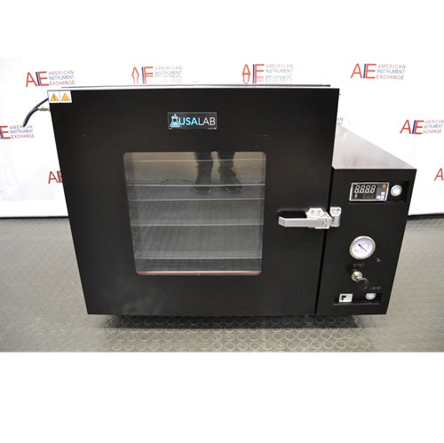 USA Lab USA-VO-34-UL vacuum oven with black exterior, glass window door showing interior shelves, digital temperature controller, and pressure gauge