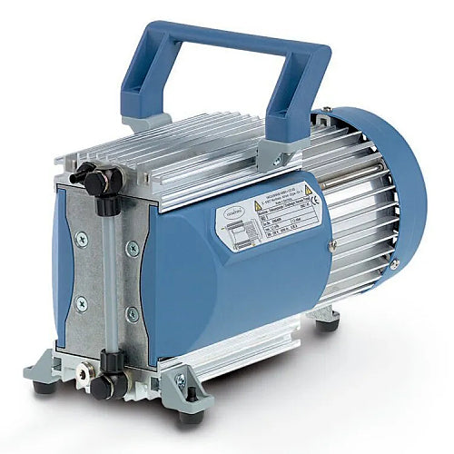 Front three-quarter product view of a Vacuubrand MD 1 diaphragm vacuum pump, featuring its blue and silver finned housing, top blue carrying handle, specification label, and vertical port setup