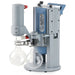 Front three-quarter product view of a Vacuubrand MD 1C +AK +EK chemistry diaphragm vacuum pump, highlighting its vertical grey housing, emission condenser, dual glass collection flasks, and valve setup