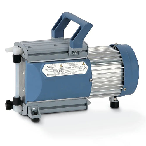 Front three-quarter product view of a Vacuubrand MD 1C chemistry diaphragm vacuum pump, showcasing its blue and grey housing, top carrying handle, specification label, and vertical port setup