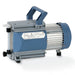 Front three-quarter product view of a Vacuubrand MD 1C chemistry diaphragm vacuum pump, showcasing its blue and grey housing, top carrying handle, specification label, and vertical port setup