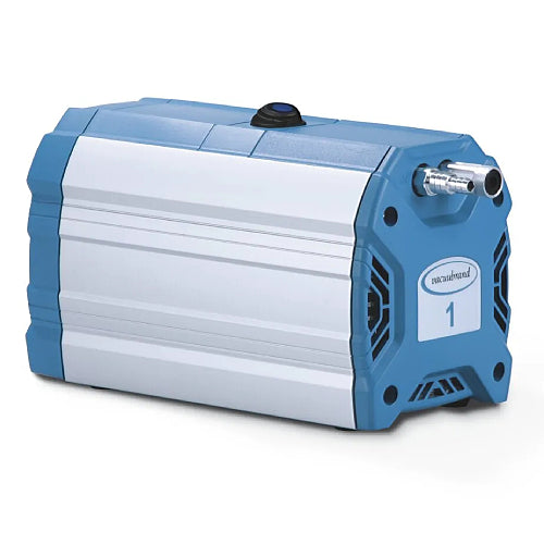 Front three-quarter product view of a Vacuubrand ME 1 diaphragm vacuum pump, highlighting its elongated silver and blue housing, top power switch, and front metal port connections