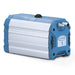 Front three-quarter product view of a Vacuubrand ME 1 diaphragm vacuum pump, highlighting its elongated silver and blue housing, top power switch, and front metal port connections