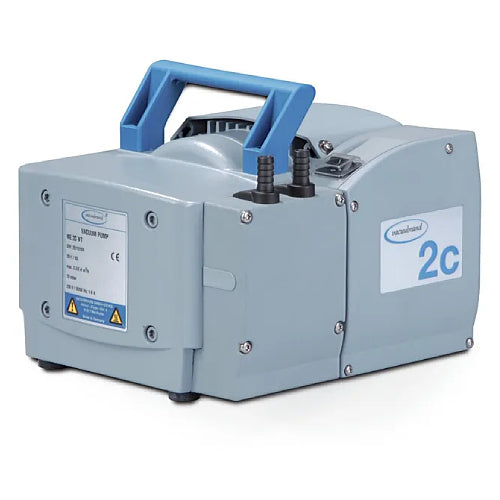 Front three-quarter product view of a Vacuubrand ME 2C NT chemistry diaphragm vacuum pump, featuring its grey housing, top blue carrying handle, specification plate, and barbed port connectors