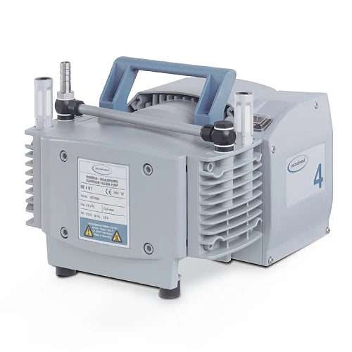 Front three-quarter product view of a Vacuubrand ME 4 NT diaphragm vacuum pump, highlighting its grey housing, top blue carrying handle, specification plate, and integrated inlet and exhaust ports