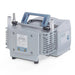 Front three-quarter product view of a Vacuubrand ME 4 NT diaphragm vacuum pump, highlighting its grey housing, top blue carrying handle, specification plate, and integrated inlet and exhaust ports