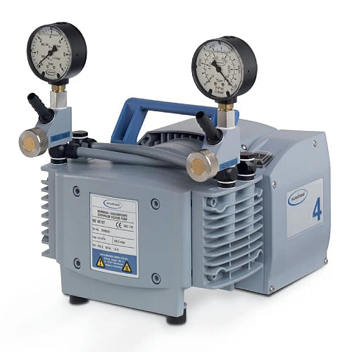 Front three-quarter product view of a Vacuubrand ME 4R NT diaphragm vacuum pump, highlighting its grey housing, top blue carrying handle, specification plate, and dual pressure gauges