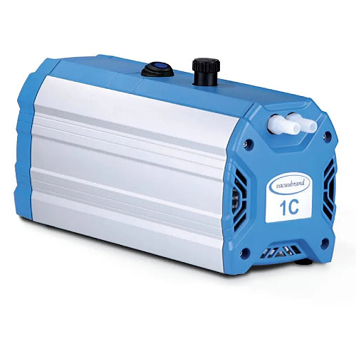 Front three-quarter product view of a Vacuubrand MZ 1C chemistry diaphragm vacuum pump, highlighting its elongated silver and blue housing, top power switch, and front port connections