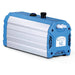 Front three-quarter product view of a Vacuubrand MZ 1C chemistry diaphragm vacuum pump, highlighting its elongated silver and blue housing, top power switch, and front port connections