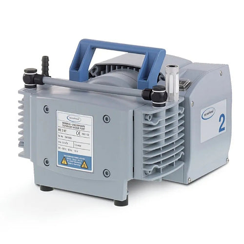 Front three-quarter product view of a Vacuubrand MZ 2 NT diaphragm vacuum pump, highlighting its grey housing, top blue carrying handle, specification plate, and integrated inlet and exhaust ports
