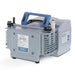 Front three-quarter product view of a Vacuubrand MZ 2 NT diaphragm vacuum pump, highlighting its grey housing, top blue carrying handle, specification plate, and integrated inlet and exhaust ports