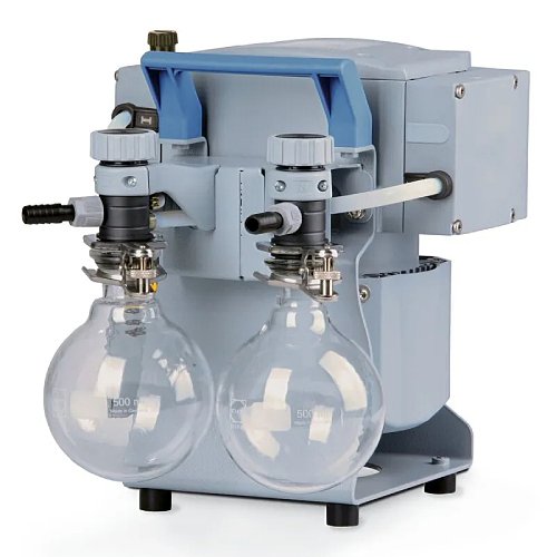 Front three-quarter product view of a Vacuubrand MZ 2C NT +2AK chemistry diaphragm vacuum pump, showcasing its grey housing, dual glass collection flasks, and integrated valve assemblies