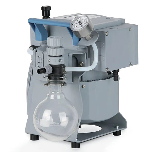Front three-quarter product view of a Vacuubrand MZ 2C NT +AK+M+D chemistry diaphragm vacuum pump, highlighting its grey housing, single glass collection flask, integrated pressure gauge, and valve setup