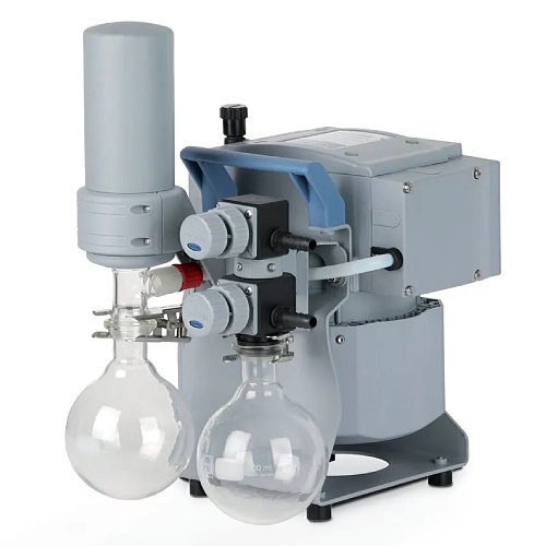 Front three-quarter product view of a Vacuubrand MZ 2C NT +AK Synchro+EK chemistry diaphragm vacuum pump, highlighting its grey housing, dual glass collection flasks, and integrated valves