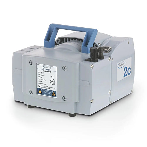 Front three-quarter product view of a Vacuubrand MZ 2C NT chemistry diaphragm vacuum pump, highlighting its grey housing, top blue carrying handle, specification label, and port connections
