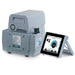 Front three-quarter product view of a Vacuubrand MZ 2C VARIO Select chemistry diaphragm vacuum pump, featuring its grey housing, specification label, and detachable touchscreen controller
