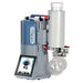 Front three-quarter product view of a Vacuubrand PC 3001 VARIO Select TE chemistry pumping unit, highlighting its vertical grey housing, integrated touchscreen controller, emission condenser, and dual glass collection flasks
