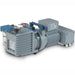 Right three-quarter angle product view of a Vacuubrand RC 6 chemistry-hybrid vacuum pump, featuring its gray finned motor housing, blue accent components, top carrying handle, oil sight glass, and rear chemical trap module