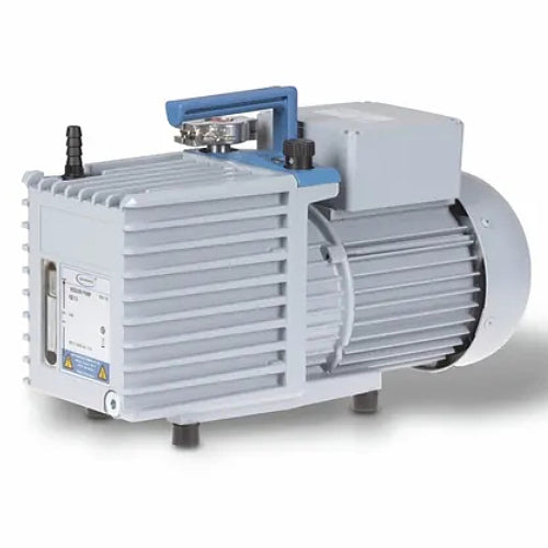 Right three-quarter angle product view of a Vacuubrand RZ 2.5 rotary vane vacuum pump, featuring its gray finned housing, blue top handle and accents, vertical oil sight glass, and barbed intake port