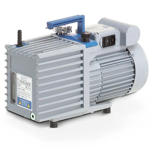 Right three-quarter angle product view of a Vacuubrand RZ 6 rotary vane vacuum pump, featuring its gray finned housing, blue top handle and accents, integrated power switch, vertical oil sight glass, and barbed intake port