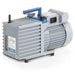 Right three-quarter angle product view of a Vacuubrand RZ 6 rotary vane vacuum pump, featuring its gray finned housing, blue top handle and accents, integrated power switch, vertical oil sight glass, and barbed intake port