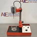 Front product view of a Virtis Model 23 micro homogenizer, featuring a red and chrome motor drive mounted on an adjustable vertical support post, base platform with control panel, speed dial, and glass container on a stainless steel lab bench