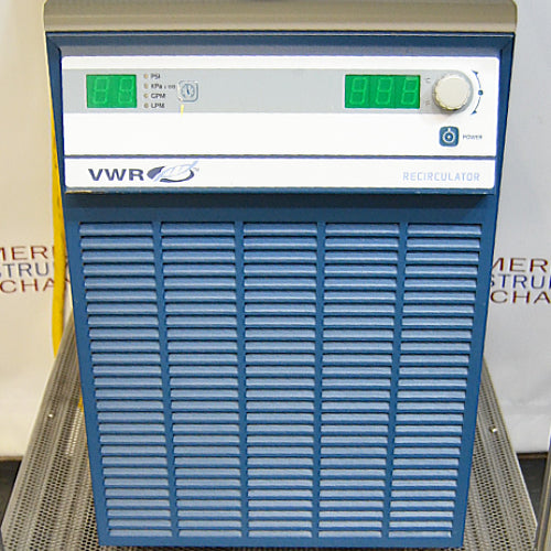 Front eye-level view of a VWR 1173PD recirculating chiller on a stainless steel surface, featuring its blue vented front grille, VWR Recirculator branding, and a top control panel with dual digital LED displays, indicator lights, and a rotary control knob