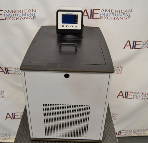 Straight front view of VWR model 89203-010 heated and refrigerated circulating bath showing front panel ventilation grille, bath cover lid with handle, and digital controller display